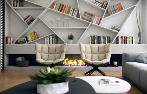 Полки необычной формы для декора и книг над камином